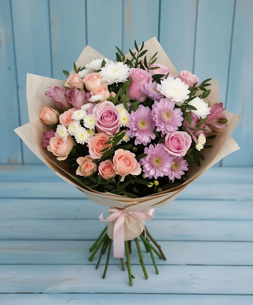 Букет цветов из: Хризантемы, Розы и Альстромерии в Угольные Копи