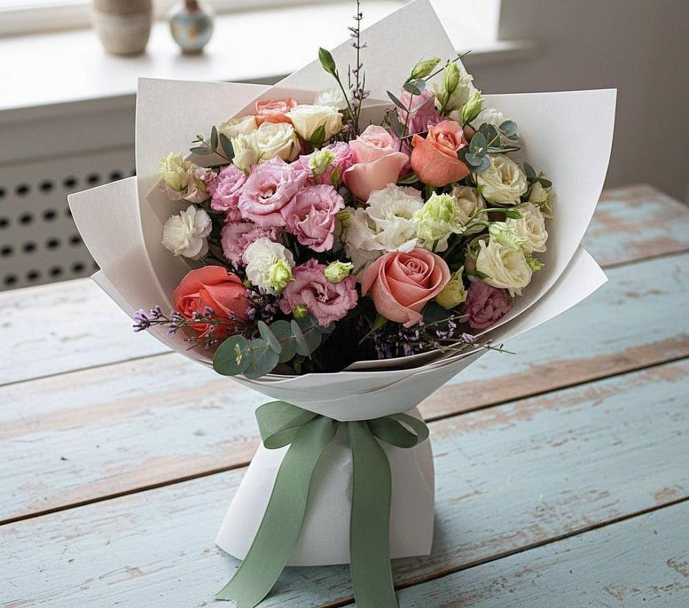 Букет цветов из: Розы, Лизиантусы и Гвоздики в Угольные Копи