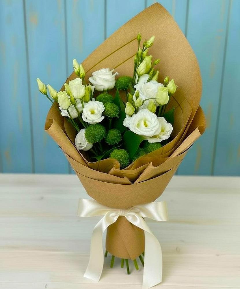 Букет цветов из: Хризантемы и Лизиантусы в Угольные Копи