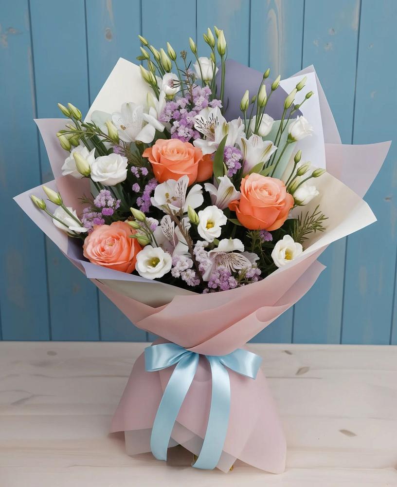 Букет цветов из: Лизиантусы, Розы, Альстромерии и Гипсофила в Угольные Копи