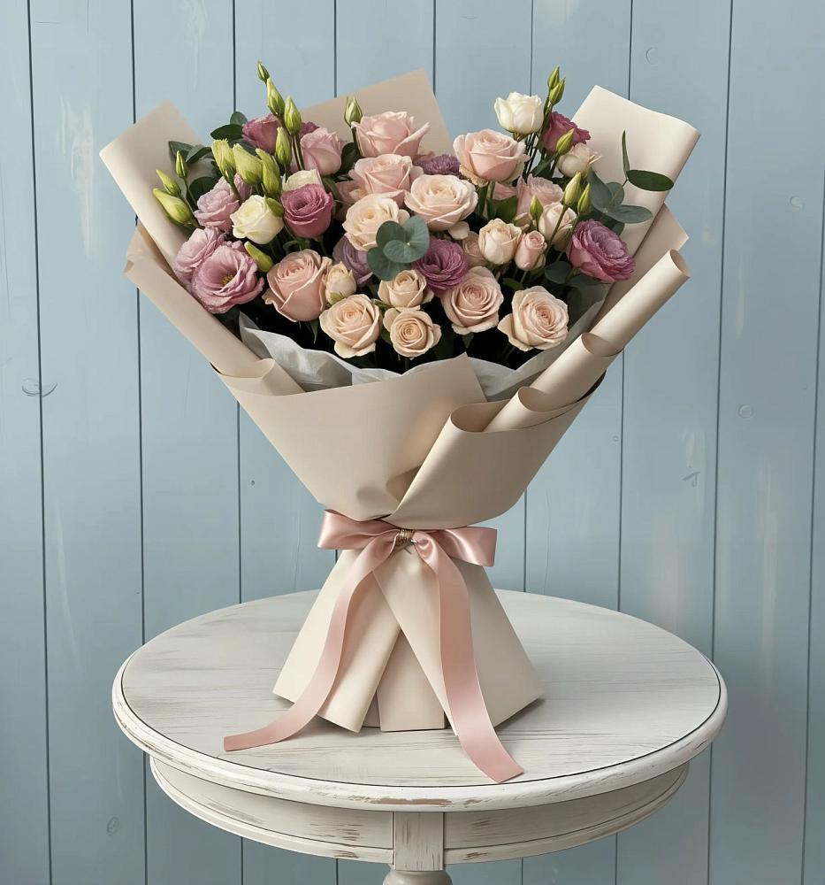 Букет цветов из: Розы и Лизиантусы в Угольные Копи