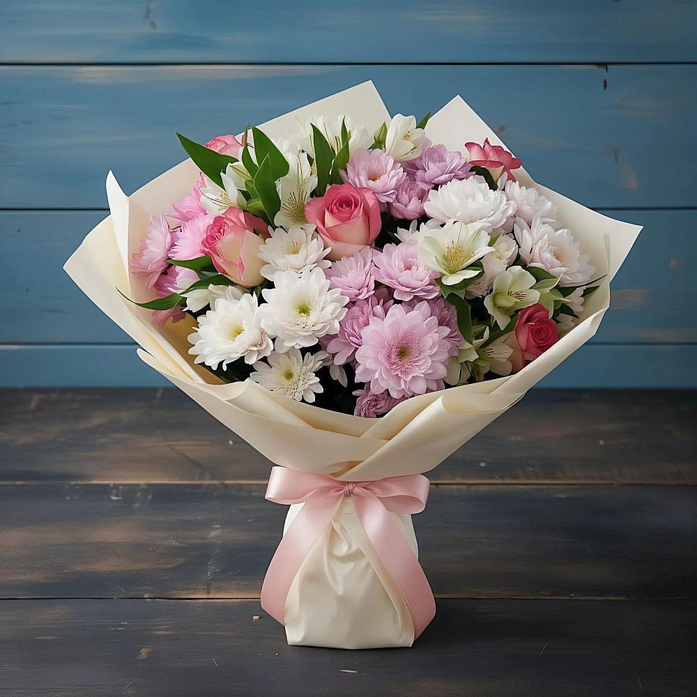 Букет цветов из: Хризантемы, Альстромерии и Розы в Угольные Копи